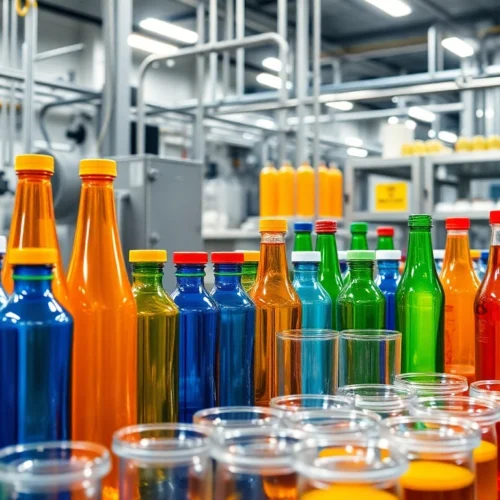 High quality plastic sise bottles displayed in a manufacturing environment with glass