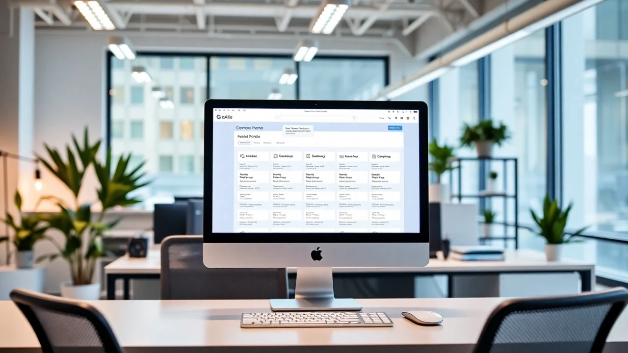 Professional digital workspace showcasing a quality good domain name selection on screen for