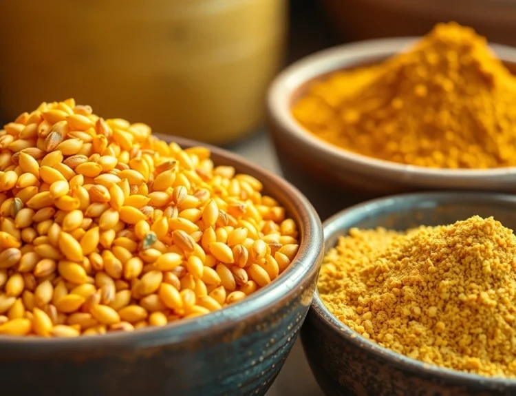 High-quality fenugreek powder in bowls shown with whole seeds, emphasizing purity and freshness