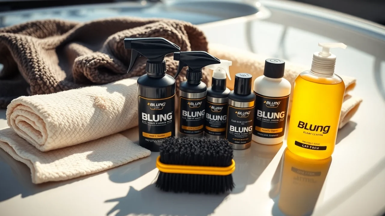 Blung branded cleaning tools including towels and brushes used for boat and vehicle care in