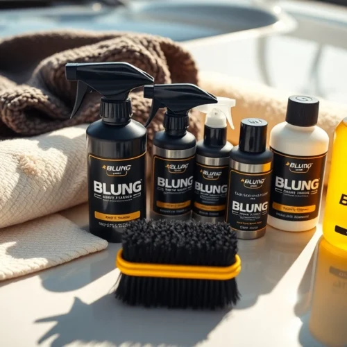 Blung branded cleaning tools including towels and brushes used for boat and vehicle care in