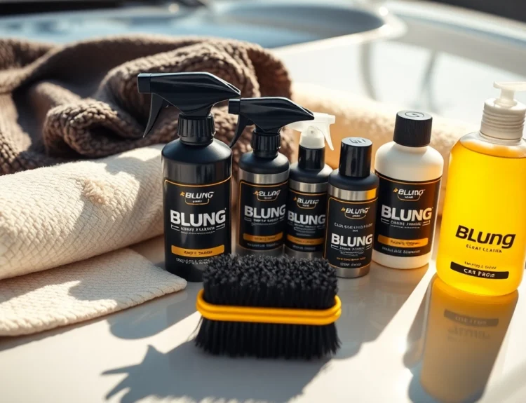 Blung branded cleaning tools including towels and brushes used for boat and vehicle care in