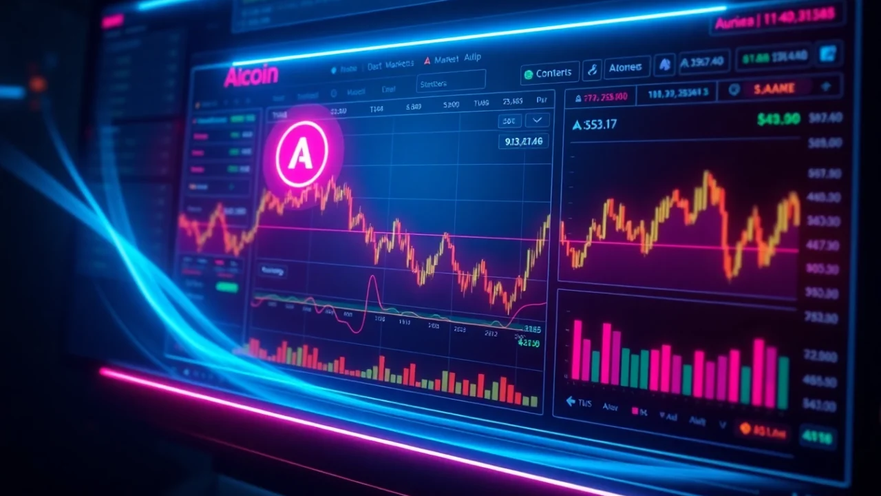 High-tech aicoin data analysis dashboard with real-time charts and blockchain graphics