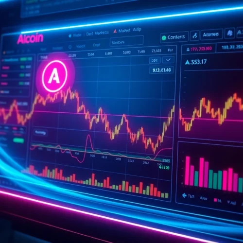 High-tech aicoin data analysis dashboard with real-time charts and blockchain graphics