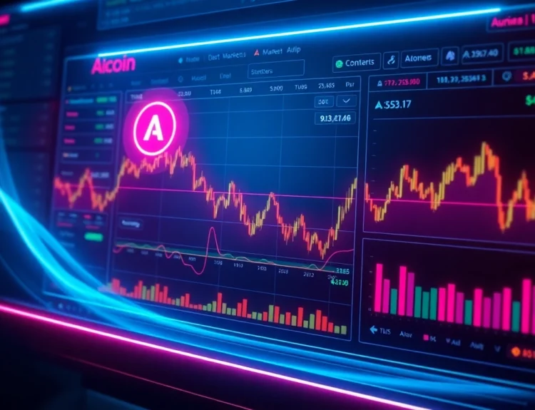 High-tech aicoin data analysis dashboard with real-time charts and blockchain graphics