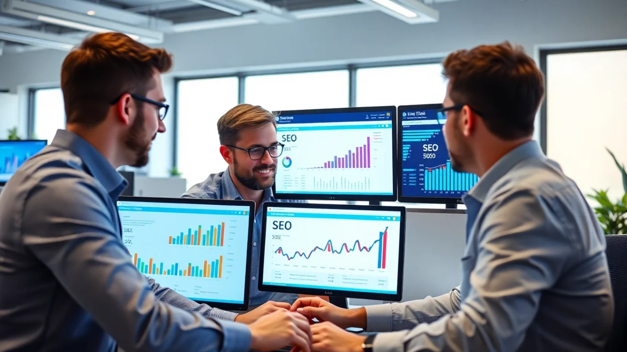 Professional team analyzing agencia de posicionamiento seo strategies on digital screens in a