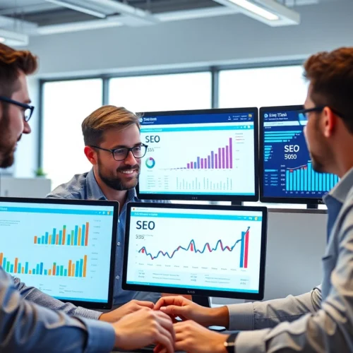 Professional team analyzing agencia de posicionamiento seo strategies on digital screens in a
