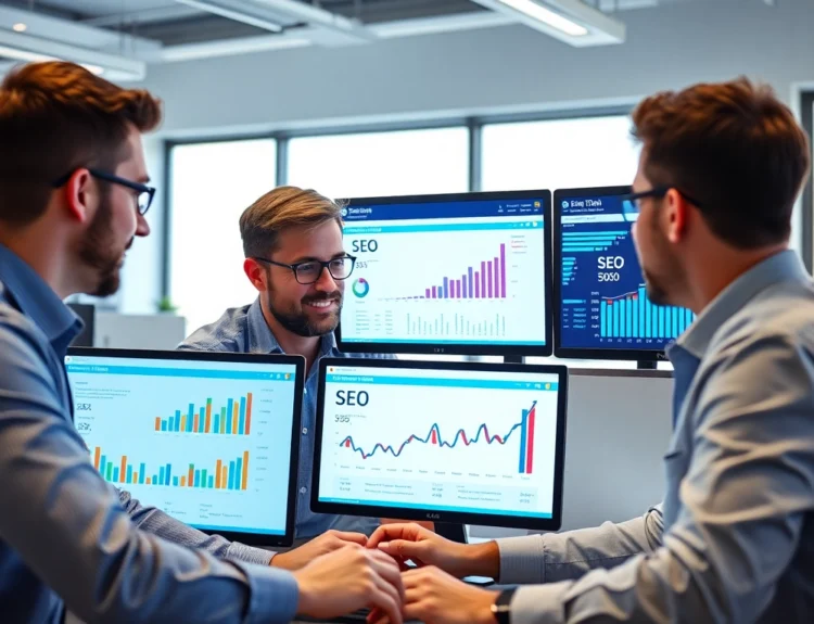 Professional team analyzing agencia de posicionamiento seo strategies on digital screens in a