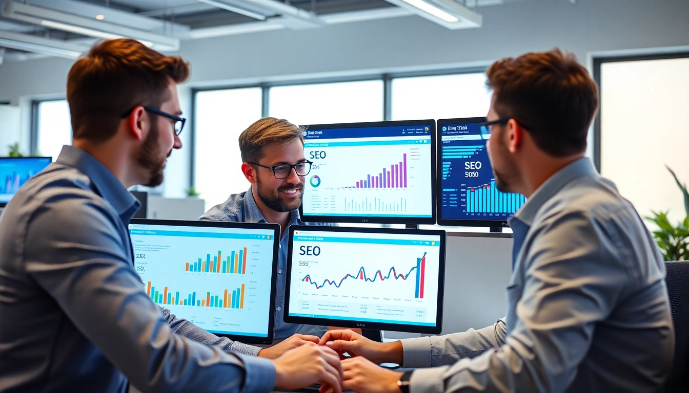 Professional team analyzing agencia de posicionamiento seo strategies on digital screens in a