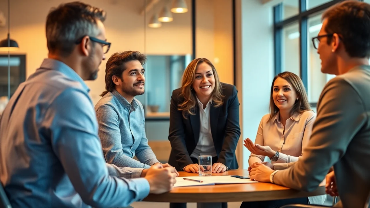 Business team reviewing group retirement services with advisor for better employee benefits