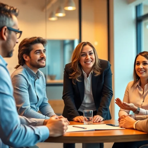 Business team reviewing group retirement services with advisor for better employee benefits