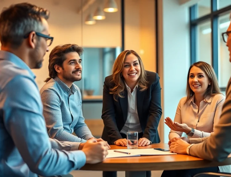 Business team reviewing group retirement services with advisor for better employee benefits