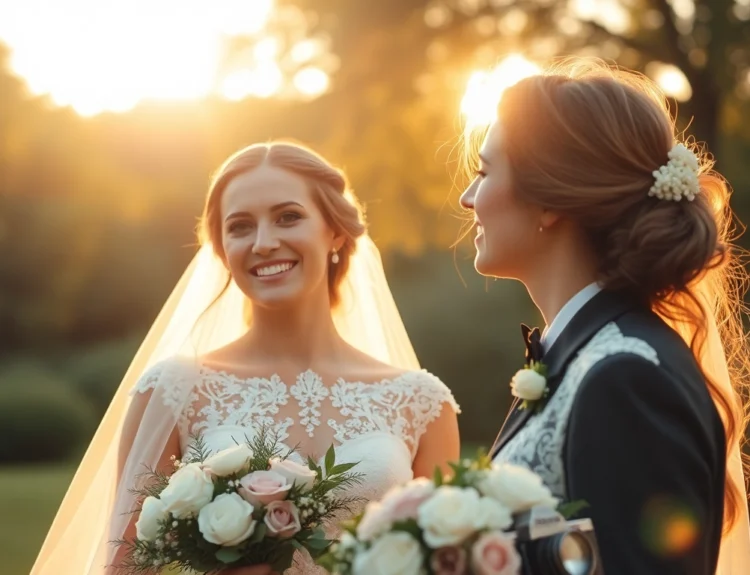 Experienced eskuvoi fotos capturing a couple's candid moment outdoors during sunset, creating