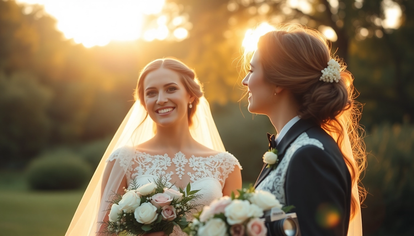 Experienced eskuvoi fotos capturing a couple's candid moment outdoors during sunset, creating